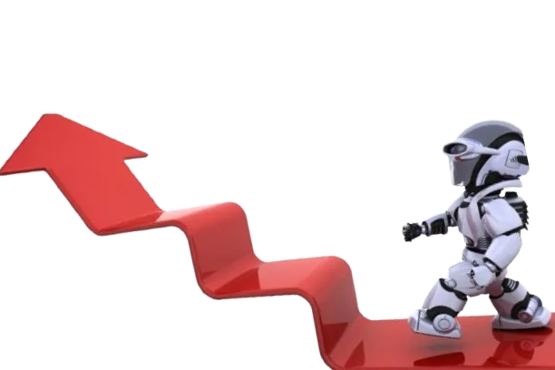 A futuristic robot climbing a rising red arrow symbolizing digital growth and progress for DMXpert.