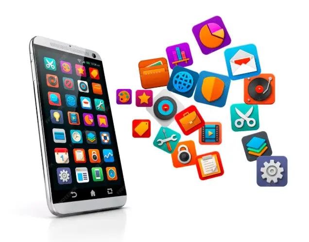 Mobile phone with colorful app icons designed by DMXpert