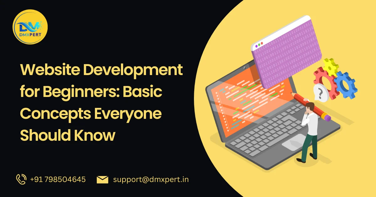 Website development for beginners illustration showing a laptop with coding screen, programming elements, and basic web development concepts by DMXpert