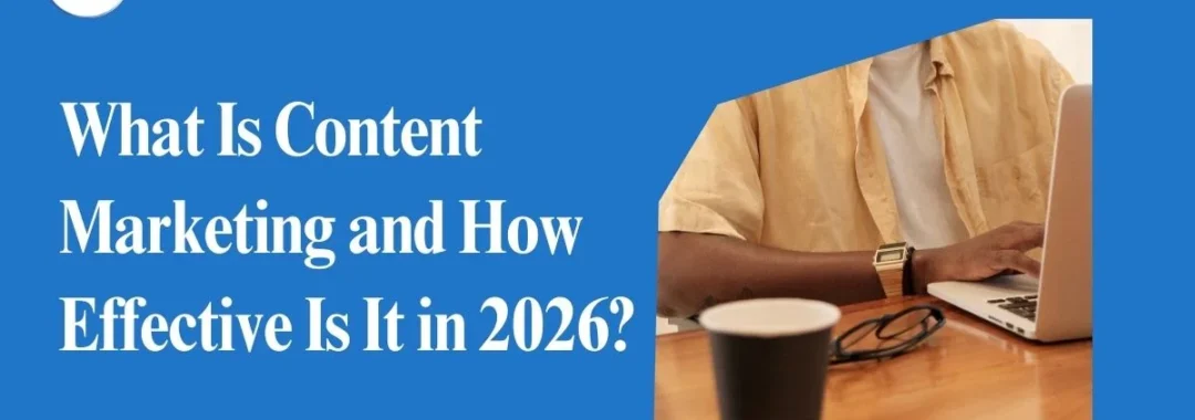 Banner showing content marketing topic for 2026 with a professional working on a laptop, branded with DMXPERT and contact details