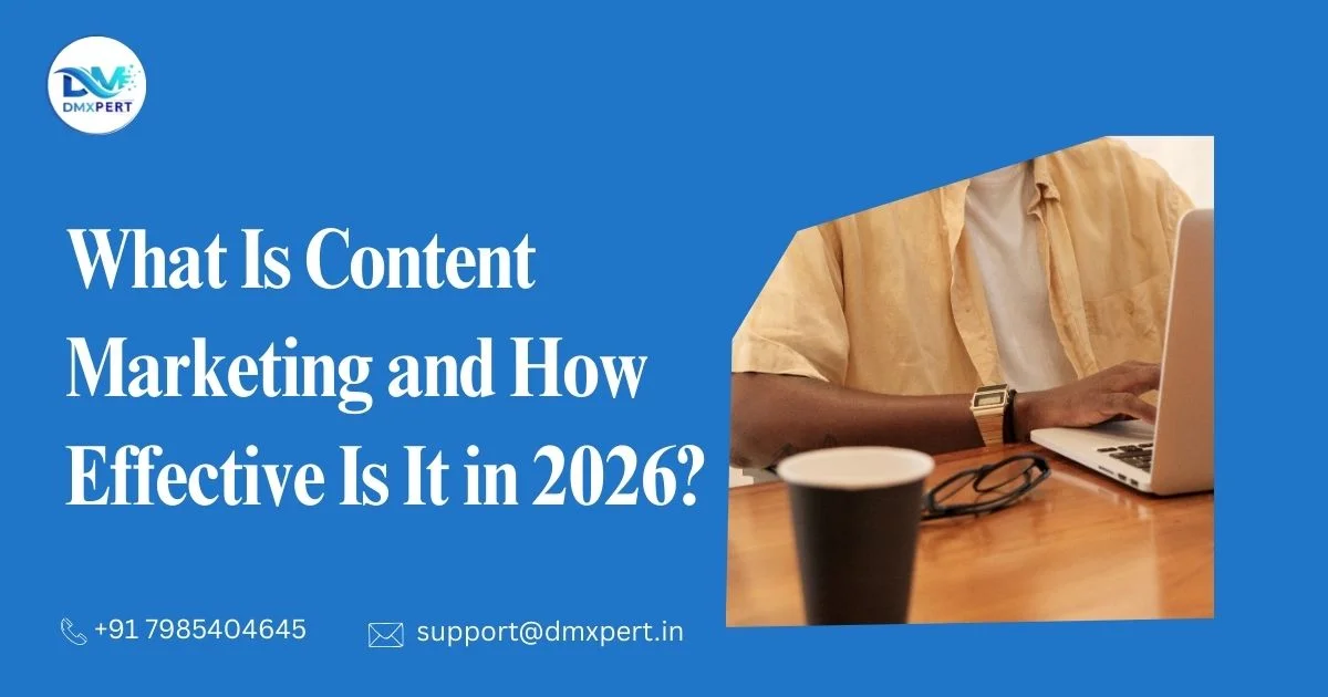 Banner showing content marketing topic for 2026 with a professional working on a laptop, branded with DMXPERT and contact details